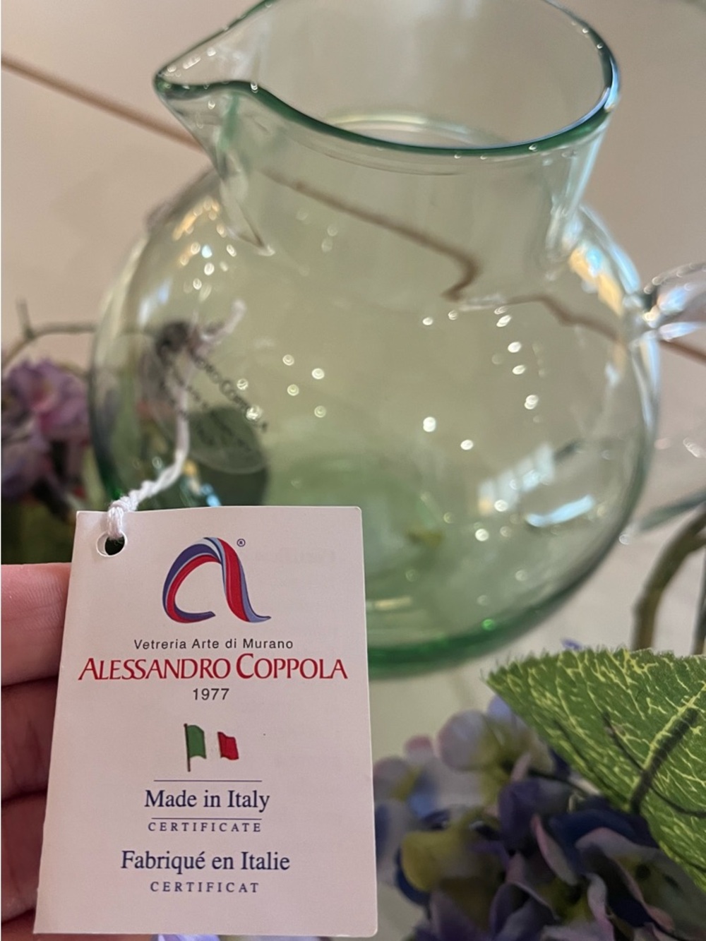Brand New Italian Green Murano Glass Pitcher